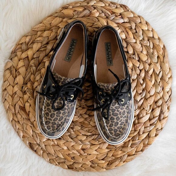 SPERRY BISCAYNE TOPSIDERS SZ 7 LEOPARD BLACK PATENT TOPSIDER FLAT LOAFER LACE UP - Picture 4 of 7